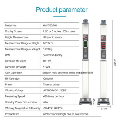 8-200cm Height Range Coin Operated Weight and Height Scale with Gross Weight of 25kg
