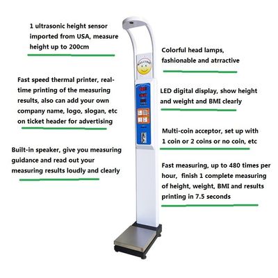 AC100-240V Power Supply Weight Range 8-200kg BMI Medical Checkup Vending Scale Machine